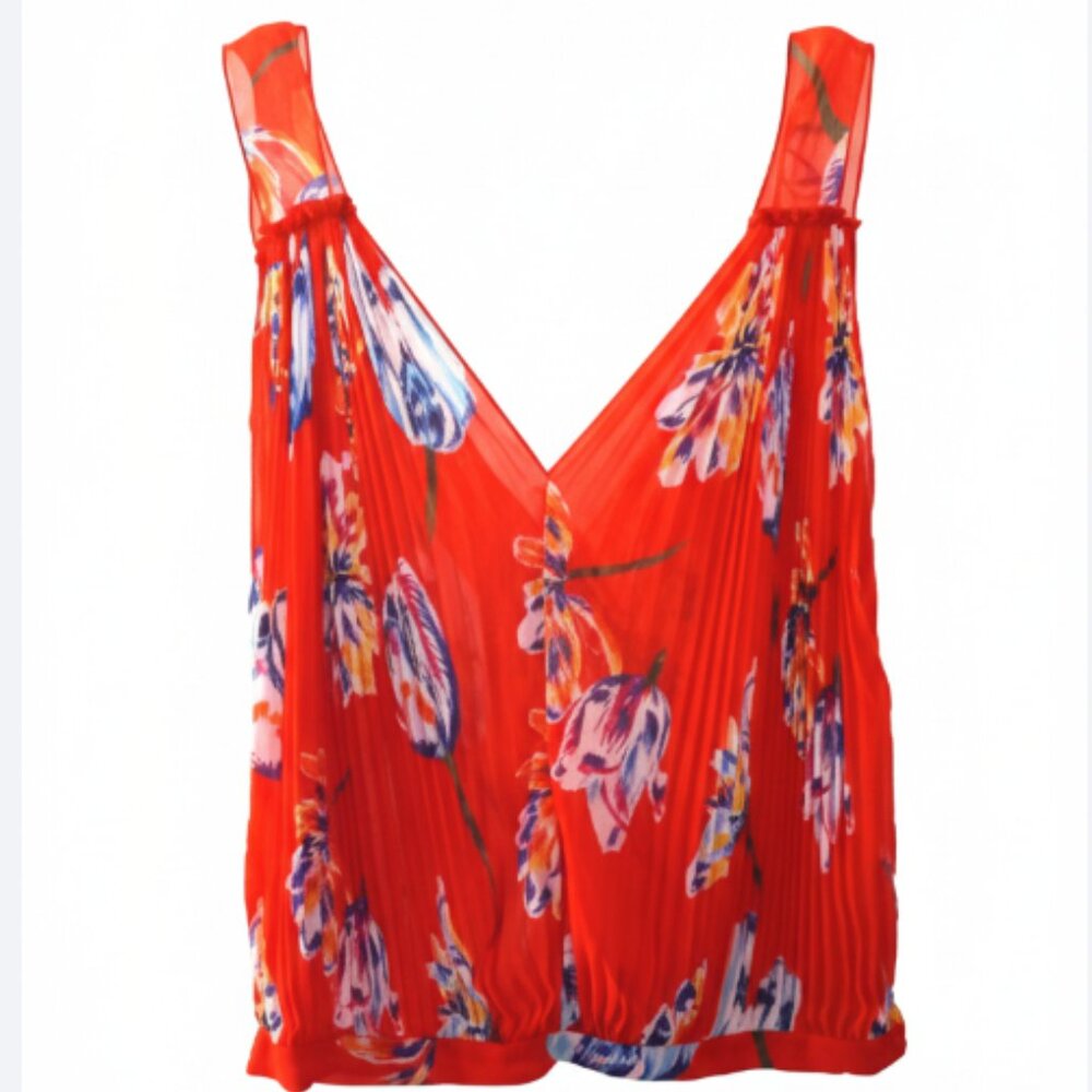Free People Oversized Pleated Floral Top S Red Flowy Boho Tie Back NWT
